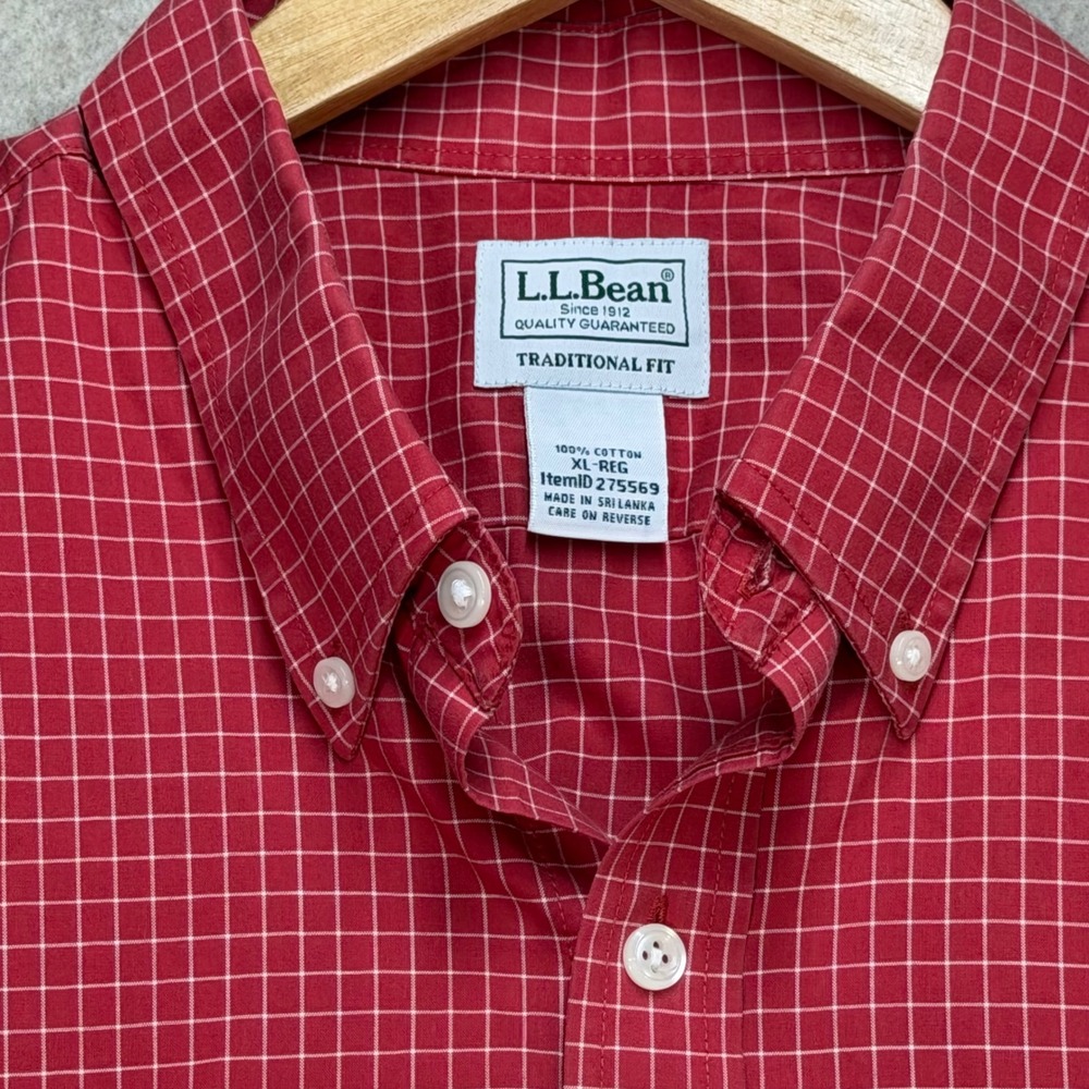 LL Bean Mens XL Red White Grid Traditional Fit Cotton Button Down Shirt Preppy - Picture 2 of 6